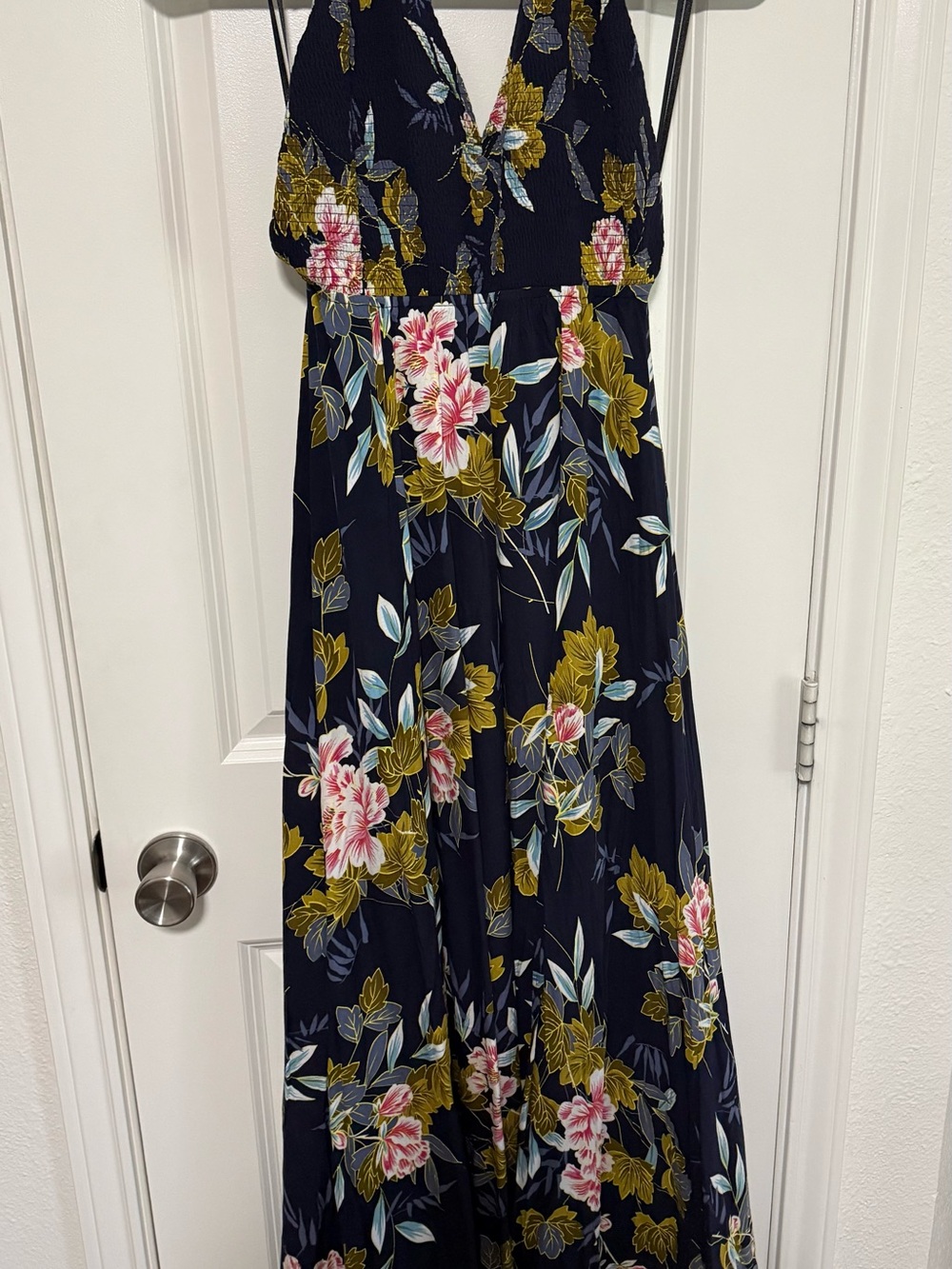 Vici Navy Floral Backless Maxi Dress with Pink & Olive Accents